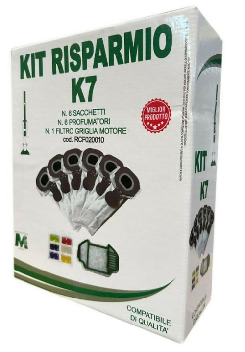 Kit Risparmio 6 sacchetti 6 profumatori 1 filtro griglia motore compatibile per Vorwerk folletto vk7