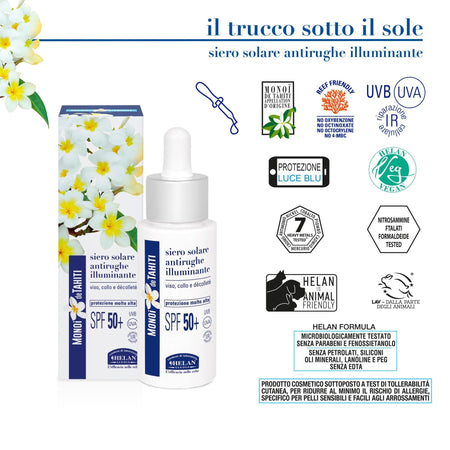 Helan Monoï de Tahiti - Siero Viso Antirughe Idratante con Vitamina C e E, Skincare con Protezione Solare 50+ Viso Tutela Collagene contro Luce Blu, Siero Illuminante Viso Make Up Skin Care 2in1 30 ml - Naturopatica shop & therapy
