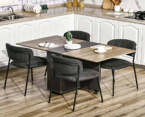 F835-605A-tavolo-pieghevole-allungabile-salvaspazio-in-legno-con-ruote-con-2-cassetti