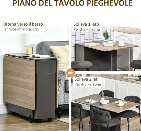 F835-605A-tavolo-pieghevole-allungabile-salvaspazio-in-legno-con-ruote-con-2-cassetti