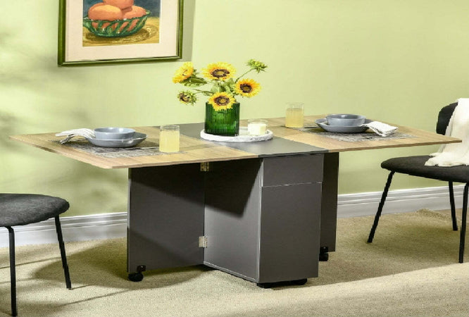 F835-605A-tavolo-pieghevole-allungabile-salvaspazio-in-legno-con-ruote-con-2-cassetti