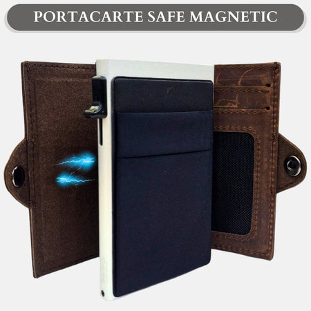 Sei G portacarte safe magnetic silver con custodia in pelle marrone