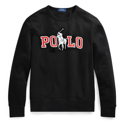 Ralph Lauren Felpa Uomo Nera Maxi Logo Polo Big Pony Girocollo Felpa Tinta Unita Nera Scritta Rossa