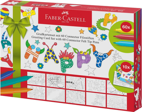 FABER CASTELL Set 10 cartoline colorabili Greeting Cards con 60 pennarelli Connector
