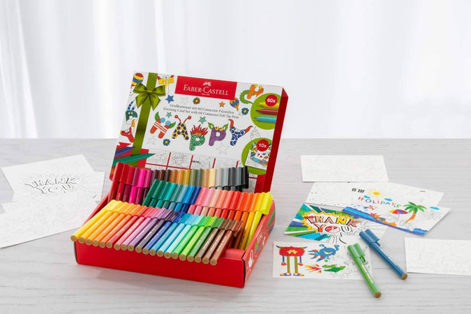 FABER CASTELL Set 10 cartoline colorabili "Greeting Cards" con 60 pennarelli Connector