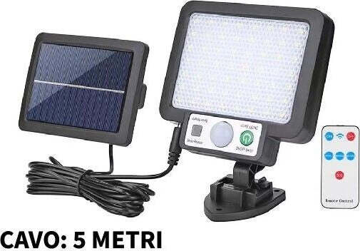 Faretto-10W-Lampada-56-LED-SMD-con-Pannello-Solare-Sensore-Telecomando-Esterno-ip65