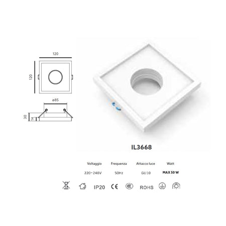 *STOCK* Portafaretto In Gesso Ceramico ad incasso 120x120x45mm foro tondo 40W GU10 IP20
