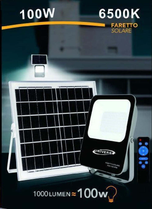 Faretto Faro Led Solare 100 Watt Con Telecomando Ip65 Luce Fredda 6500k Fso-100w Illuminazione/Illuminazione per esterni/Proiettori Trade Shop italia - Napoli, Commerciovirtuoso.it