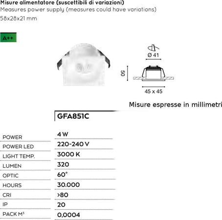 Faretto-incasso-alluminio-vetro-Gea-Led-GAIA-GFA851C-LED-spot-quadrato-controsoffitto-4W-3000°K-IP20