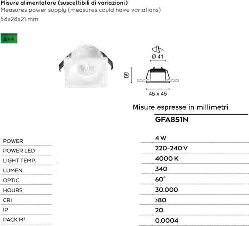 Faretto-incasso-alluminio-vetro-Gea-Led-GAIA-GFA851N-LED-spot-quadrato-controsoffitto-4W-4000°K-IP20