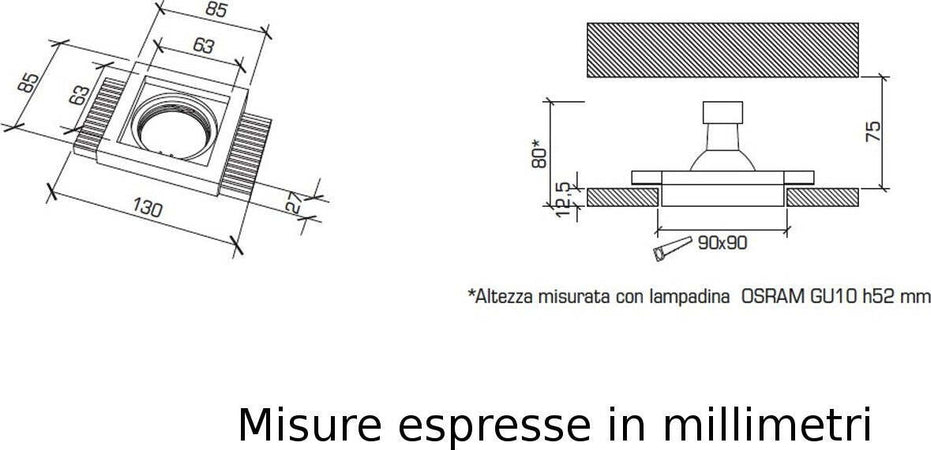 Faretto-incasso-gesso-9010-Belfiore-Neo-luce-0028-LED-lampada-soffitto-ottica-fissa-controsoffitto-muratura-GU10