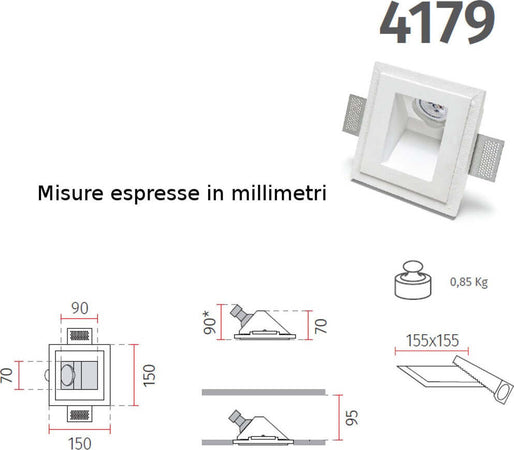 Faretto-incasso-gesso-Belfiore-9010-PEGASO-4179.35-GU10-LED-IP20-lampada-parete-segnapasso-cartongesso-muratura