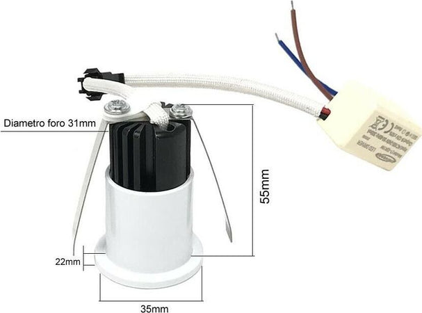 Faretto-Led-Cob-A-Incasso-3-W-Mini-Punto-Luce-Calda-3000k-Bordo-Bianco-P29c-Universo