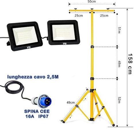 Faretto LED Professionale da cantiere con treppiede telescopico Giallo e spina industriale CEE - 60 e 100 Watt