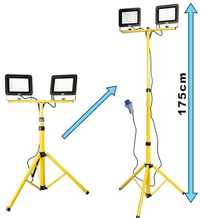 Faretto LED Professionale da cantiere con treppiede telescopico Giallo e spina industriale CEE - 60 e 100 Watt