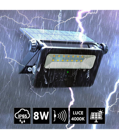 Faretto Solare Ip65 Ricaricabile Parete Sensore Crepuscolare Movimento Led 8 W