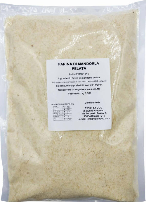 Farina di Mandorla Pelata 100% SICILIA 500gr farina italiana di mandorle pelate 100% Made in Italy per Torte, Biscotti e Creme. farina Tipici & Food - Bronte, Commerciovirtuoso.it