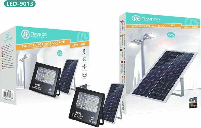 Faro Faretto Led Pannello Solare Fotovoltaico 40w Con Crepuscolare Ip67 Led-9013 Illuminazione/Illuminazione per esterni/Proiettori Trade Shop italia - Napoli, Commerciovirtuoso.it