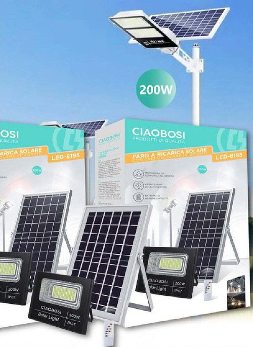 Faro Faretto Led Pannello Solare Fotovoltaico Ip67 200w Con Telecomando Led-8195 Illuminazione/Illuminazione per esterni/Proiettori Trade Shop italia - Napoli, Commerciovirtuoso.it