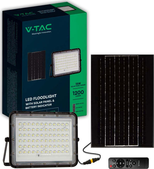 Faro-LED-con-Telecomando-e-Pannello-Solare-15W-Batteria-sostituibile-Cavo-da-3m-Colore-Nero-6400KVT-120W