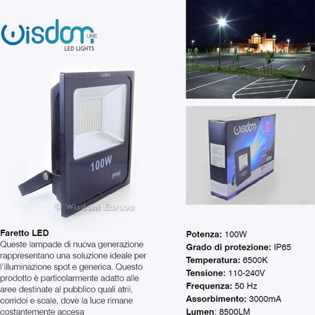 FARO PROFESSIONALE A LED 5730 PER ESTERNO IP65 IMPERMEABILE WISDOM 100W SLIM Illuminazione/Illuminazione per esterni/Proiettori Trade Shop italia - Napoli, Commerciovirtuoso.it
