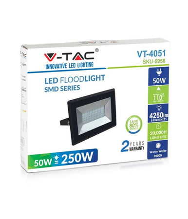 Faro Proiettore A Led Smd Da 50w Colore Nero Luce Calda 3000k Per Esterno Ip65