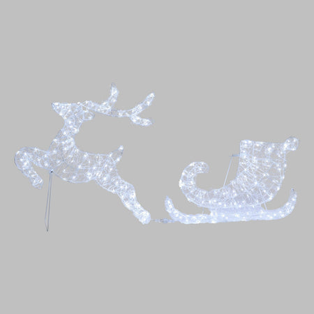 Decorazione natalizia "Renna galoppante con slitta" 2D con gocce led bianco da esterno