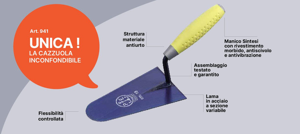 Cazzuola "Ancora" per muratore a punta tonda in acciaio temperato con manico antiscivolo