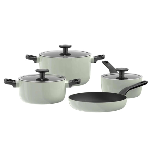 Set 7 pezzi Berghoff Glints Sage in alluminio riciclato, rivestimento antiaderente PFAS-free, con coperchi in vetro e manici termoisolati