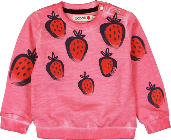 Felpa Bimba Rosa Stampata Fragole 100% Cotone Girocollo Fuchsia