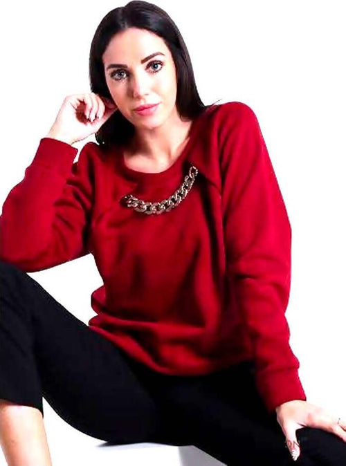 Felpa donna in Cotone Girocollo con Catena Applicata Maniche lunghe Rossa o Nera Pullover per lei Tinta Unita Tg. Unica maglia donna a felpa L'Orchidea - Siderno, Commerciovirtuoso.it