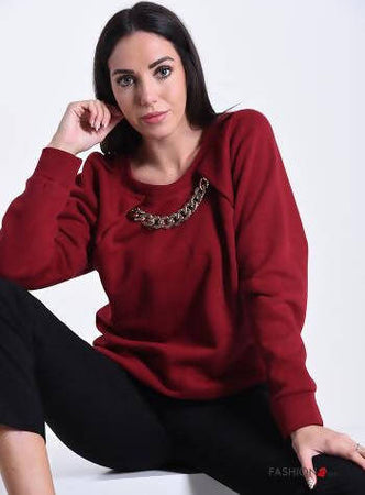 Felpa donna in Cotone Girocollo con Catena Applicata Maniche lunghe Rossa o Nera Pullover per lei Tinta Unita Tg. Unica maglia donna a felpa L'Orchidea - Siderno, Commerciovirtuoso.it