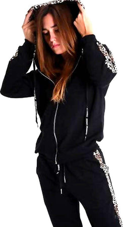 Felpa Donna Nera con Cappuccio Regolabile Cerniera Zip Frontale