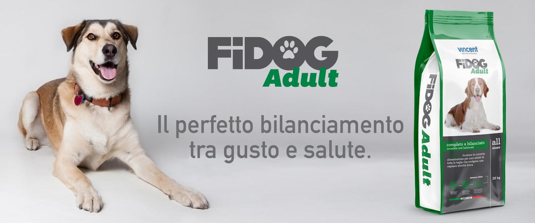 Crocchette Vincent per cani Fidog Adult 20 kg per cani attivi, a base di carne, verdure e cerali.