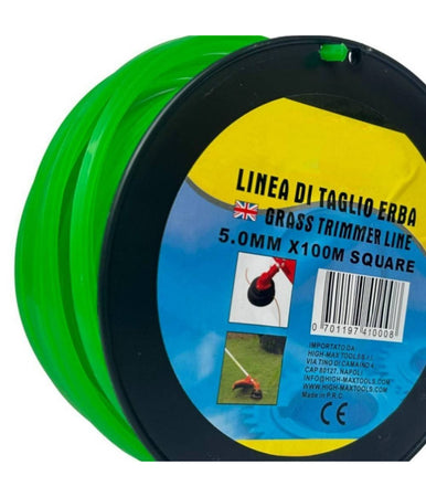 Filo Per Decespugliatore Quadrato 5 Mm Bobina 100mt Taglaerba Cavo Matassa Verde