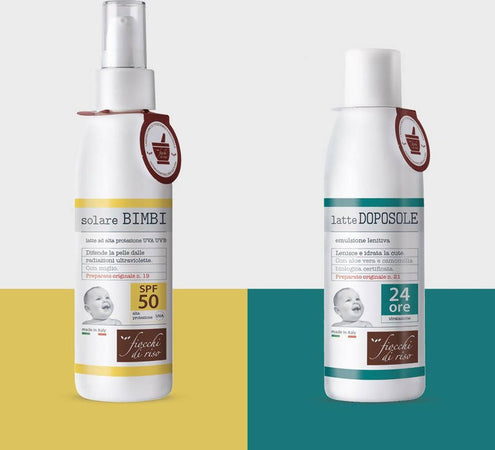 FIOCCHI DI RISO Latte Solare Bimbi 140 ml Alta Protezione SPF 50 + Doposole Idratante 140 ml Made in Italy Cura del Corpo e Protezione Solare Sanitaria Gioia del Bimbo - Villa San Giovanni, Commerciovirtuoso.it