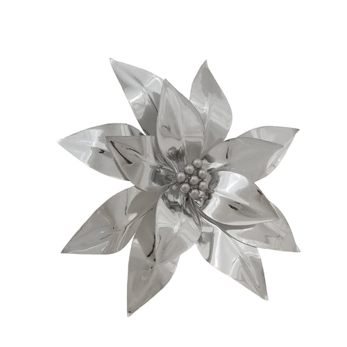 Fiore decorativo natalizio lucido color argento per decorazione ambienti h 50 cm