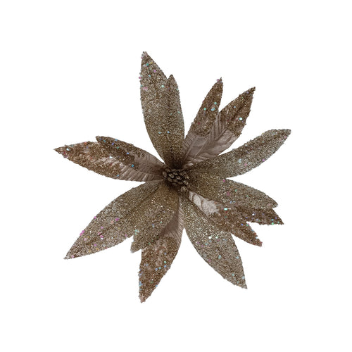 Fiore decorativo natalizio glitterato color champagne per decorazioni e composizioni h 30 cm