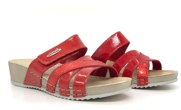 FLY FLOT Ciabatta donna aperta rossa con fasce intrecciate e strappo