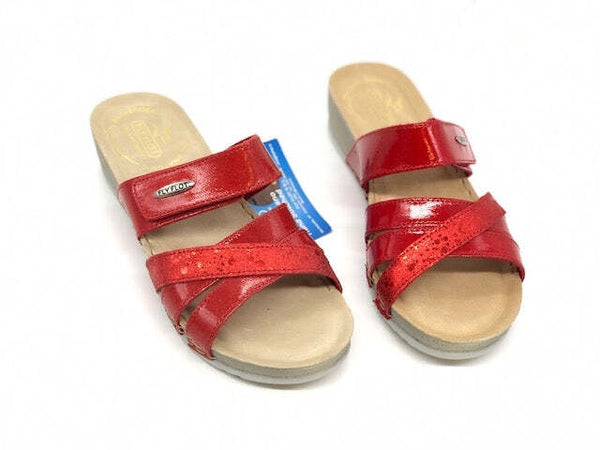 FLY FLOT Ciabatta donna aperta rossa con fasce intrecciate e strappo