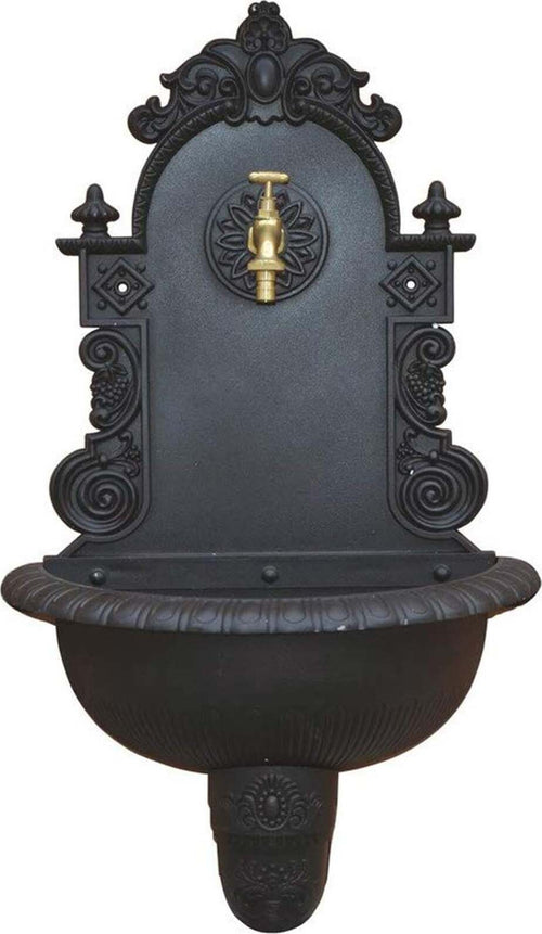 Fontana in ghisa da parete nera con rubinetto h 75 cm per esterni Giardino e giardinaggio/Decorazioni per il giardino/Fontane La Zappa - Altamura, Commerciovirtuoso.it