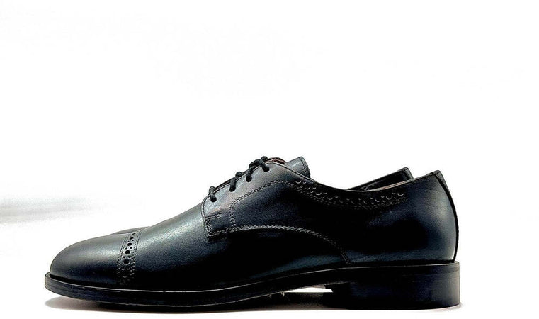 FONTANA scarpa classica uomo derby lavorato in pelle nera con fondo in cuoio