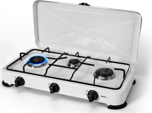 Fornello a gas da campeggio 3 fuochi con coperchio fiamma regolabile Sport e tempo libero/Attività ricreative all'aperto/Camping e outdoor/Cucine e accessori da campeggio/Fornelli La Zappa - Altamura, Commerciovirtuoso.it