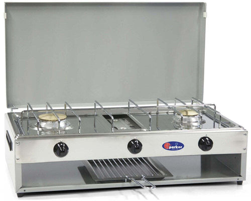 Fornello a gas gpl / metano a 2 fuochi Pianale in acciaio inox bruciatore grill da 1,5 Kw cfparker mod. 552G Colore: Grigio