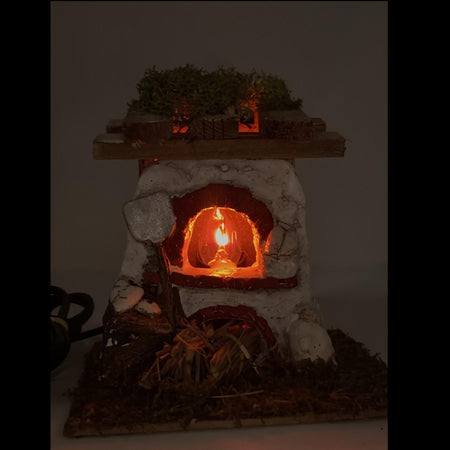 Forno con fuoco funzionante elettrico realizzato a mano per presepe natalizio 18 x 16 x h16 cm