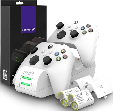 Fosmon DUAL 2 MAX Stazione di Ricarica Compatibile con Controller Xbox Series X S Xbox One One X One S Elite (Dual Slot) + 2x Batterie Ricaricabili 2200mAh