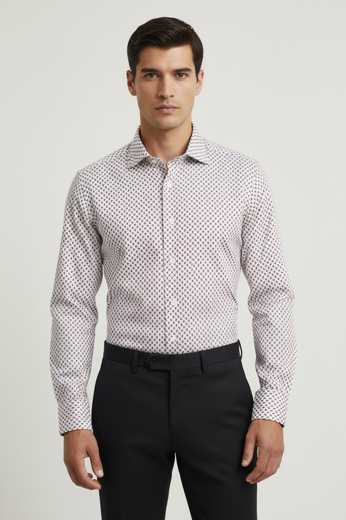 Foto modello camicia Bagutta bianca con fantasia rossa