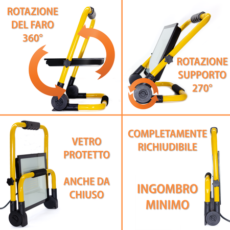 FARETTO LED DA CANTIERE 100 E 200 WATT - Cavo 1,5 Metri - ElettroWatt.eu