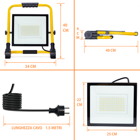 FARETTO LED DA CANTIERE 100 E 200 WATT - Cavo 1,5 Metri - ElettroWatt.eu