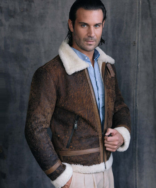 Franco---Giacca-Uomo-Cuoio-effetto-Graffiato-in-vero-montone-Shearling